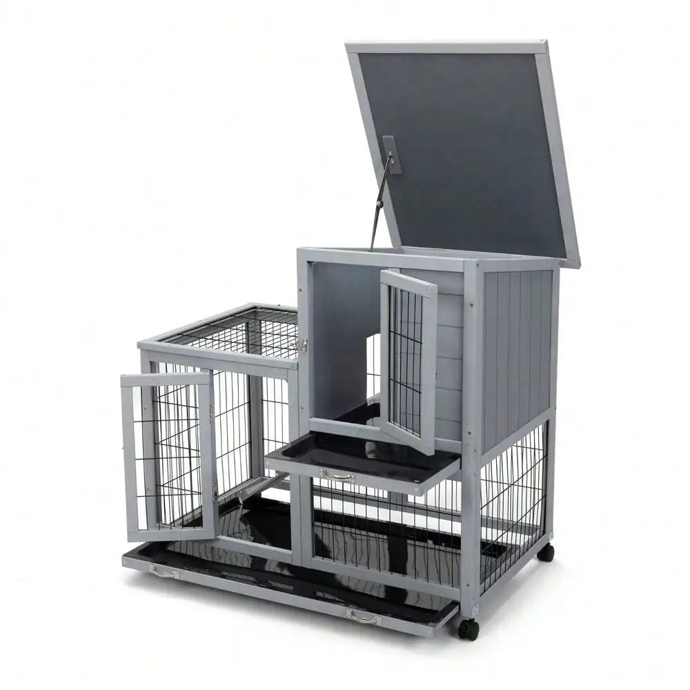 Wooden Rabbit Hutch 2-Tier Indoor Bunny Cage with Cleaning Trays and Run Gray
