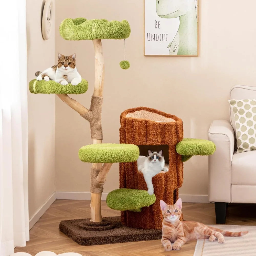 PETSITE 55 Inch Wood Cat Tree, Multi-Level Cat Tower with Double Decker Cat House, Scratching Posts and Sisal Board, Soft Padded