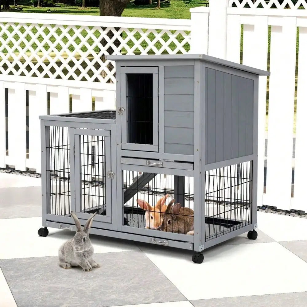 Wooden Rabbit Hutch 2-Tier Indoor Bunny Cage with Cleaning Trays and Run Gray