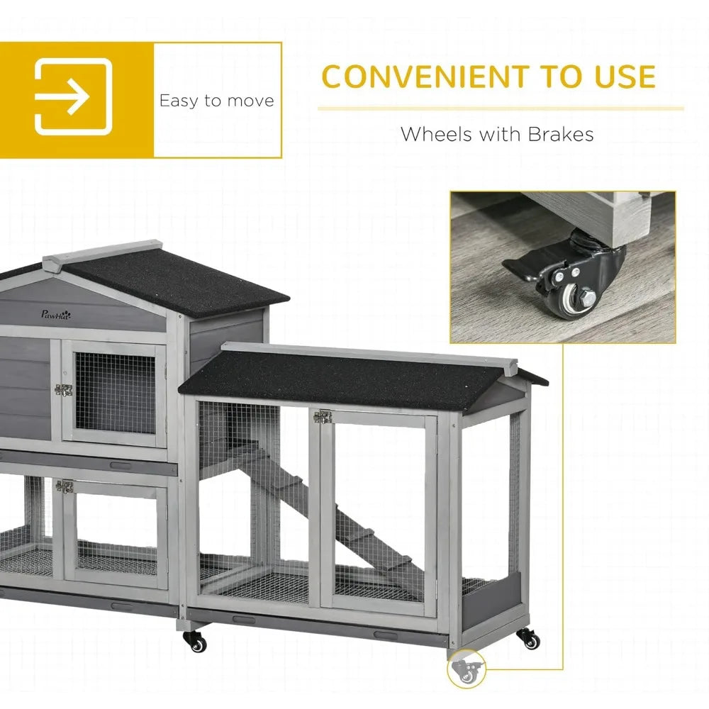 62 Inch Wooden Rabbit Hutch with Asphalt Roof Small Animal Enclosure with Wheels Removable Tray and Run Area
