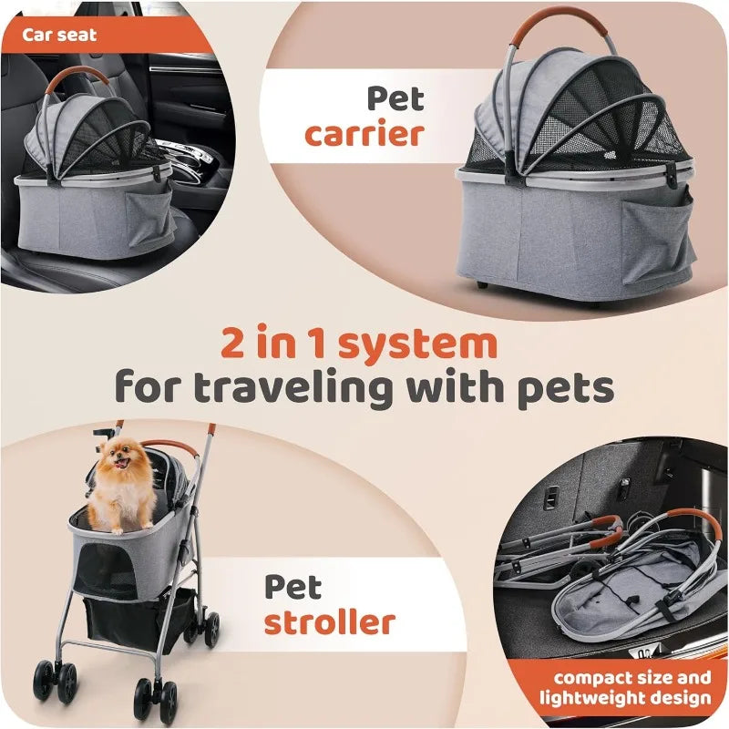 Dog Stroller, Pet Stroller, Cat Stroller – Zipperless Entry, Easy Fold with Removable Liner, Storage Basket + Cup Holder (Gray)