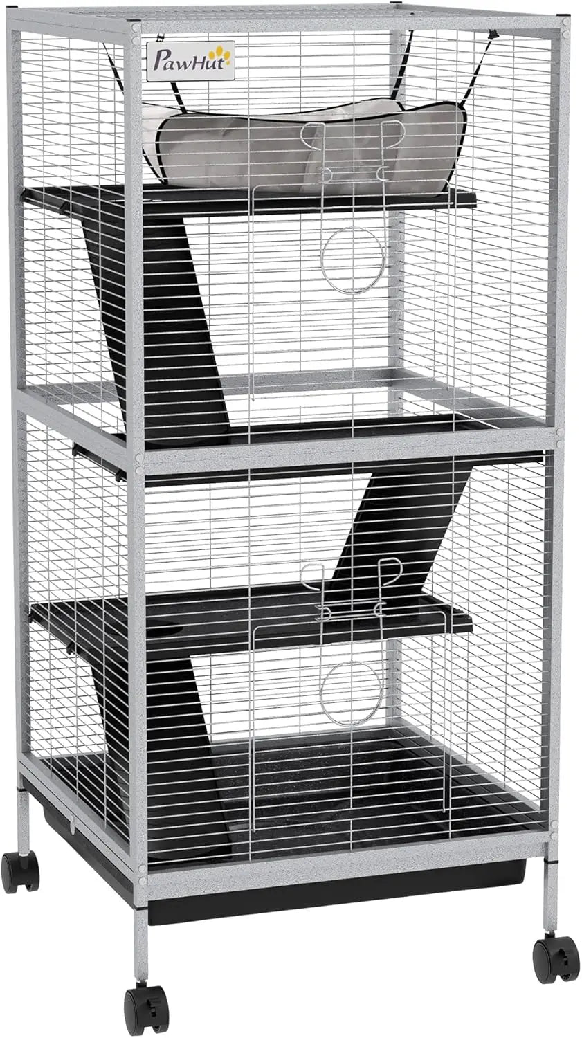 Metal Small Animal Cage Rolling Big Ferret Cage Chinchilla Cage Sugar Glider Cage with Hammock and Four Tiers Removable