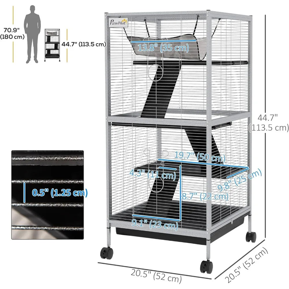 Metal Small Animal Cage Rolling Big Ferret Cage Chinchilla Cage Sugar Glider Cage with Hammock and Four Tiers Removable