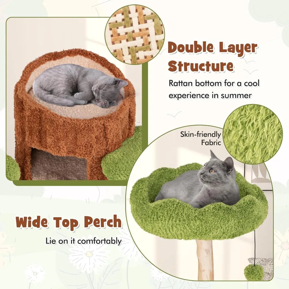 PETSITE 55 Inch Wood Cat Tree, Multi-Level Cat Tower with Double Decker Cat House, Scratching Posts and Sisal Board, Soft Padded