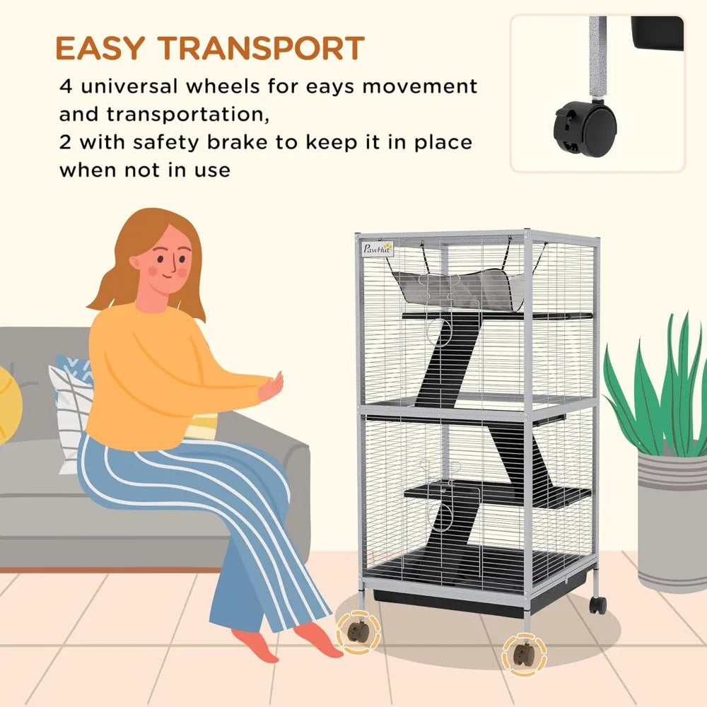 Metal Small Animal Cage Rolling Big Ferret Cage Chinchilla Cage Sugar Glider Cage with Hammock and Four Tiers Removable