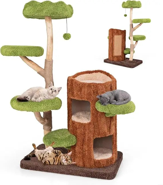 PETSITE 55 Inch Wood Cat Tree, Multi-Level Cat Tower with Double Decker Cat House, Scratching Posts and Sisal Board, Soft Padded