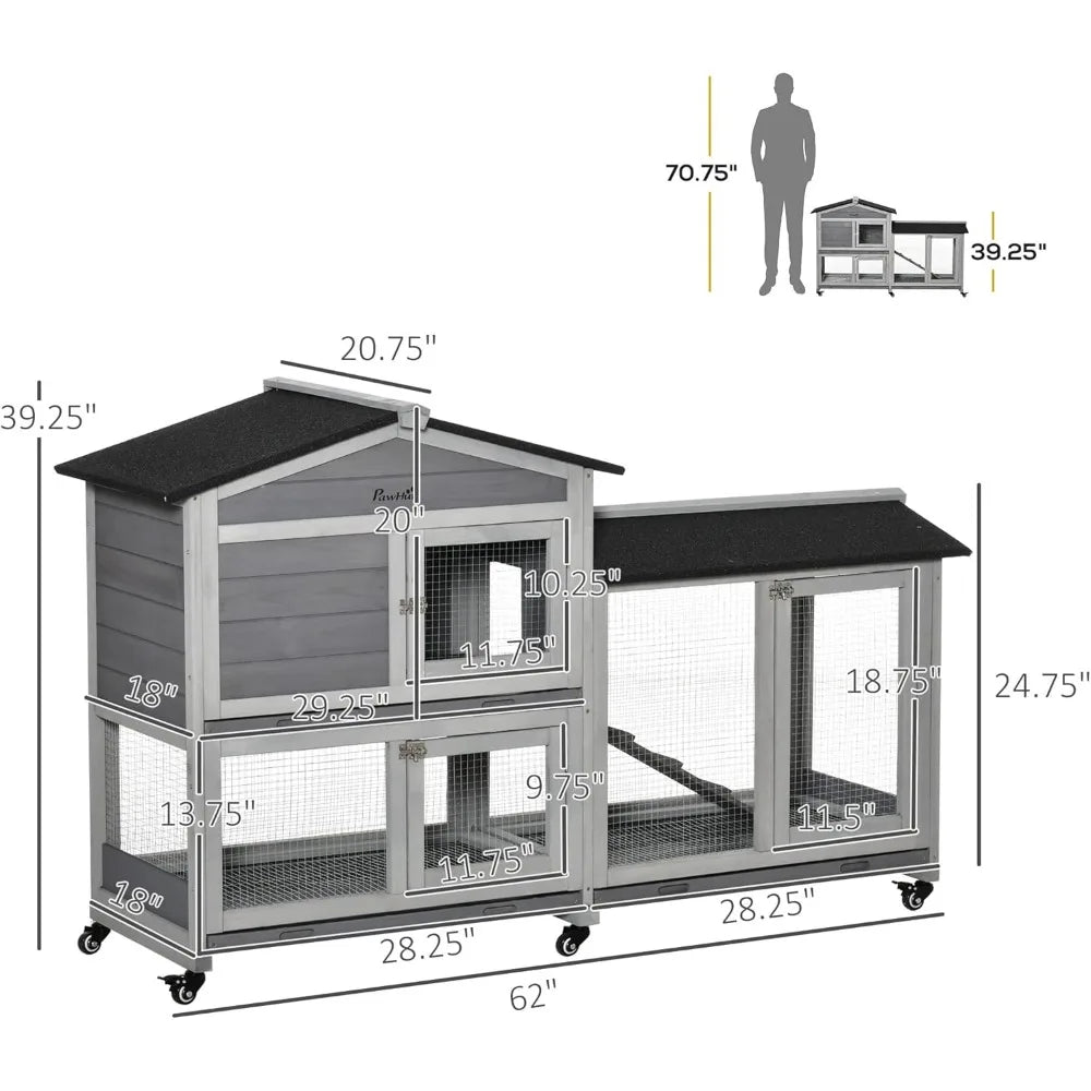 62 Inch Wooden Rabbit Hutch with Asphalt Roof Small Animal Enclosure with Wheels Removable Tray and Run Area