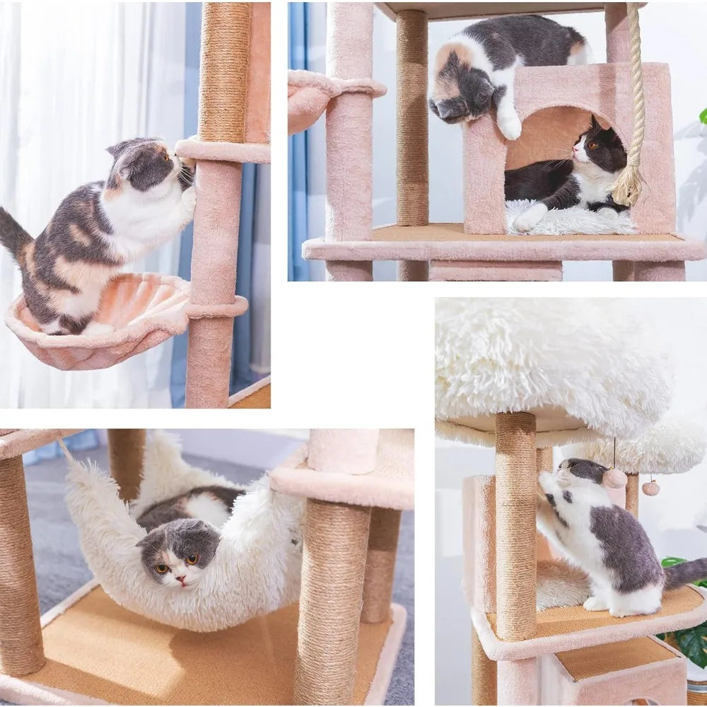 Catry Castle Cat Tree - A Dynamic Complex Cat Tower with Cat Hammock, Scratching Post, and Playful Toy to Stay Around, Easy Asse