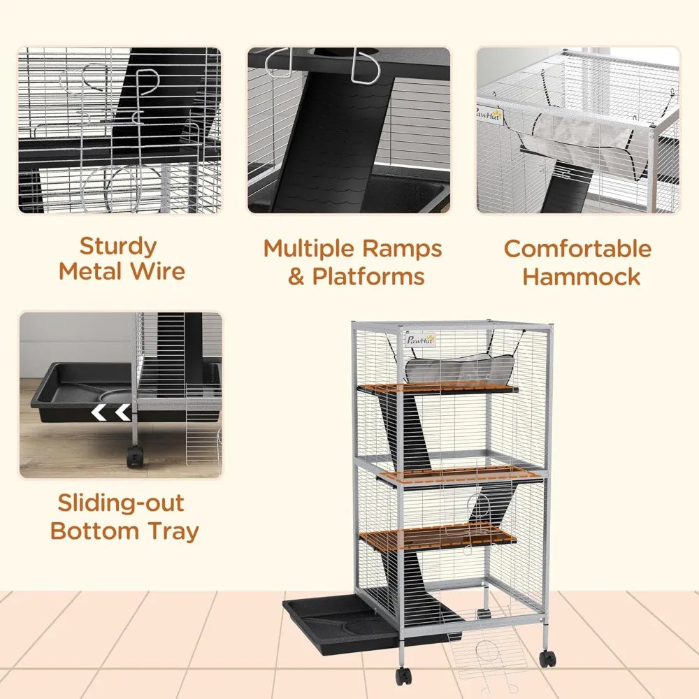 Metal Small Animal Cage Rolling Big Ferret Cage Chinchilla Cage Sugar Glider Cage with Hammock and Four Tiers Removable