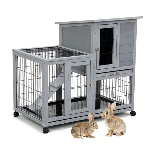 Wooden Rabbit Hutch 2-Tier Indoor Bunny Cage with Cleaning Trays and Run Gray