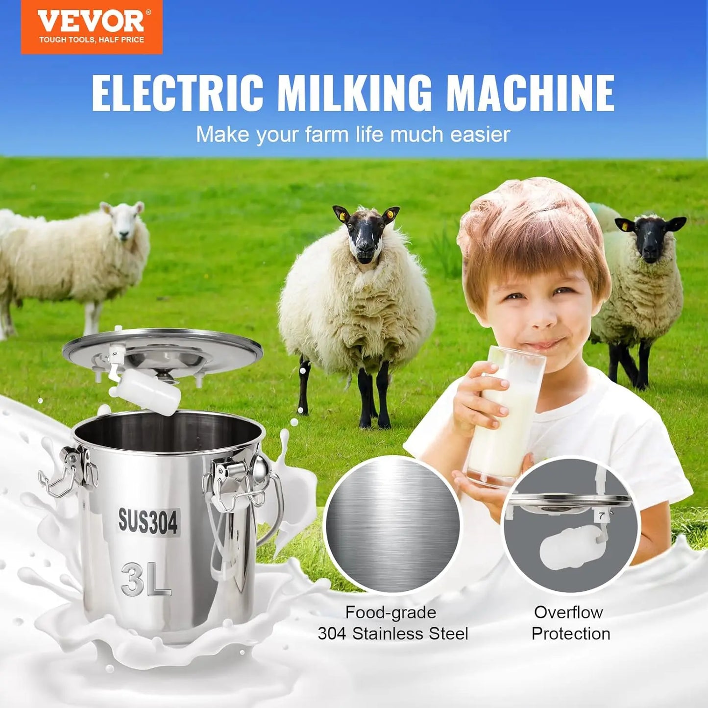 Goat Milking Machine, 3 L 304 Stainless Steel Bucket, Electric Automatic Pulsation Vacuum Milker with Food-Grade Silicone Cups