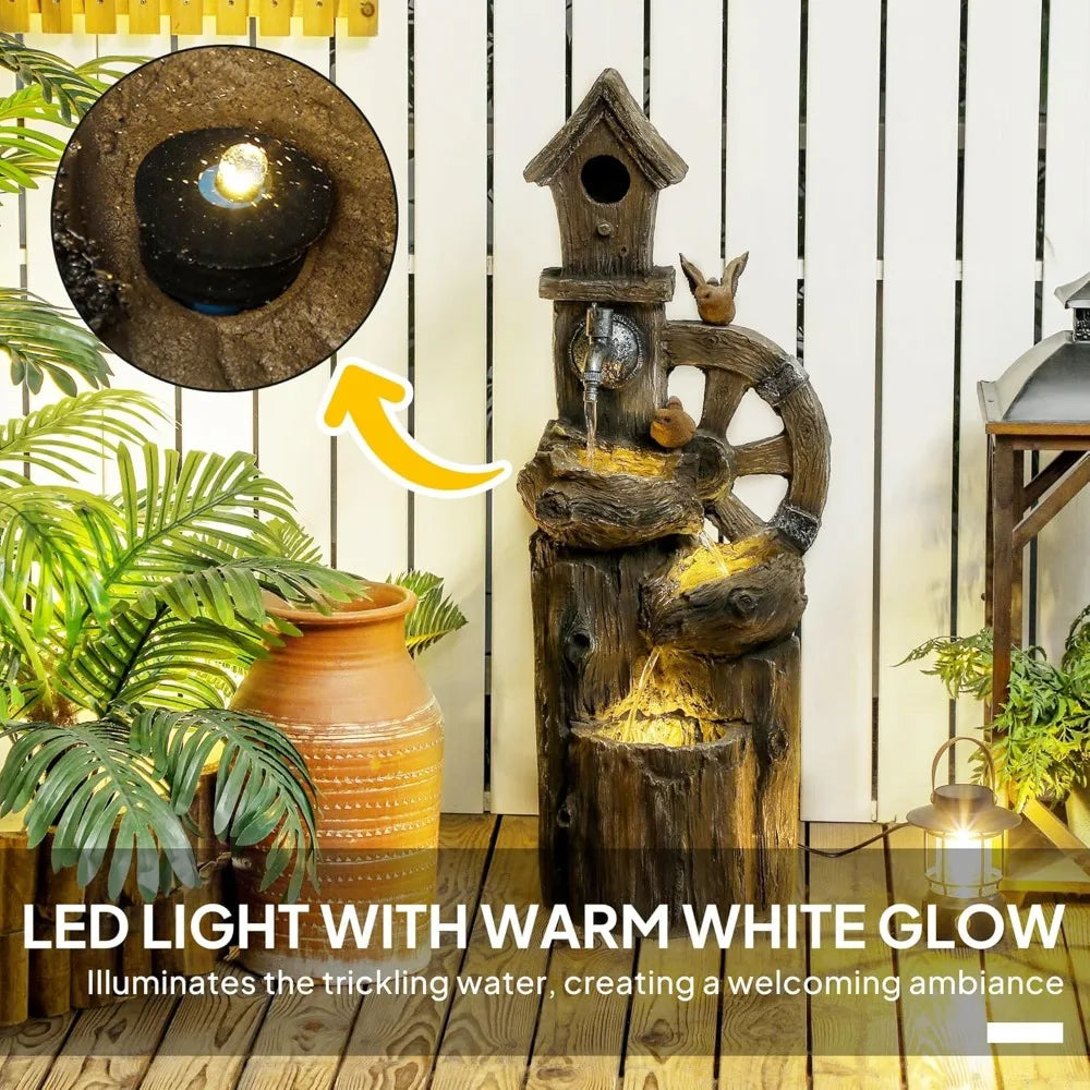 Decorative Garden Birdhouse, 3-Tier Cascading Waterfall with LED Lights and Water Wheel, Soothing Tranquility for Home Garden