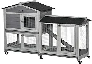 62 Inch Wooden Rabbit Hutch with Asphalt Roof Small Animal Enclosure with Wheels Removable Tray and Run Area