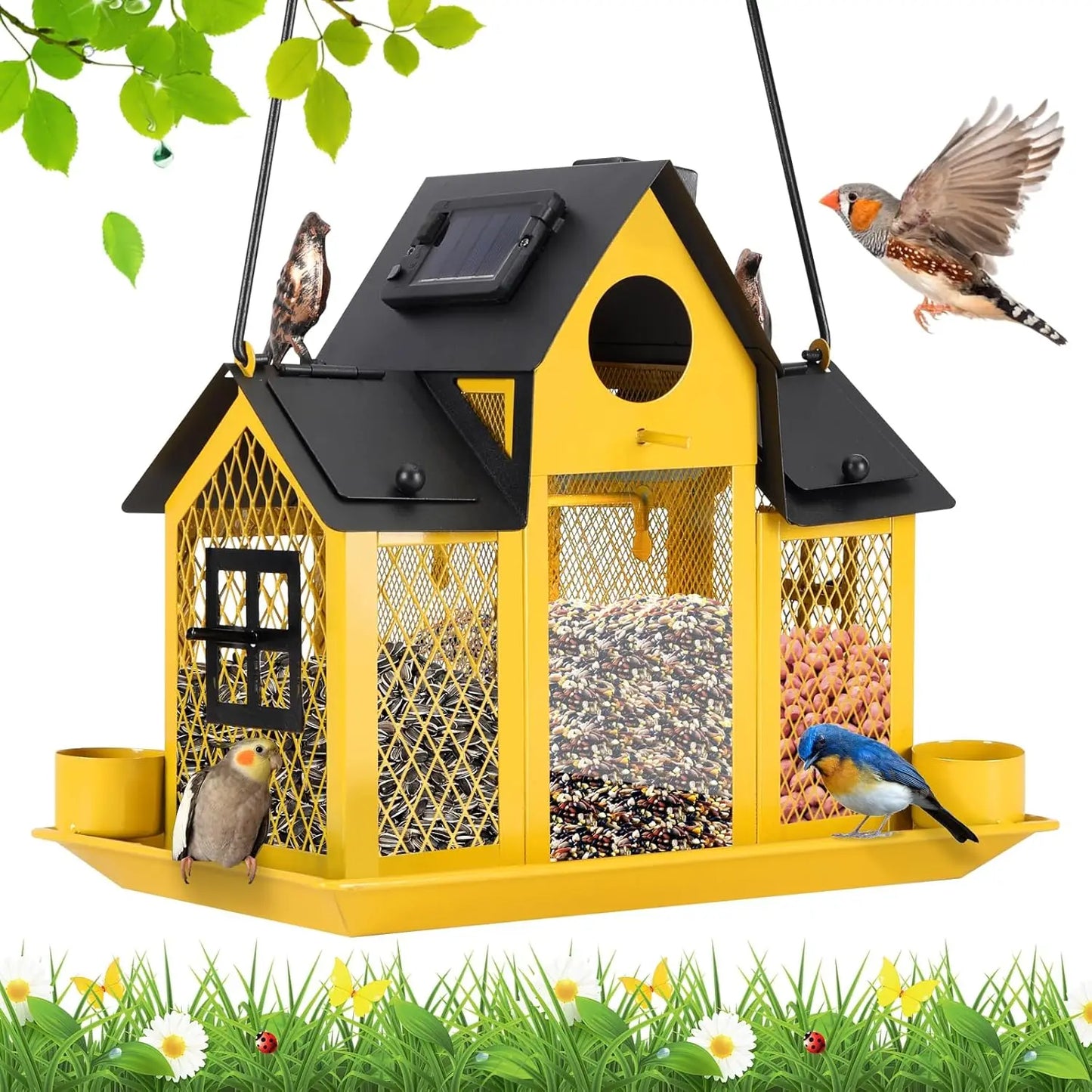 Solar Bird Feeders House Outside Hanging Metal Wild Bird Feeder Outdoors Large Cardinal Bird Feeder