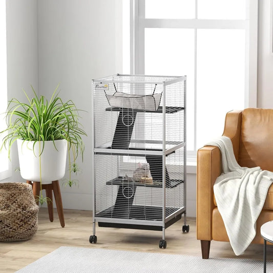 Metal Small Animal Cage Rolling Big Ferret Cage Chinchilla Cage Sugar Glider Cage with Hammock and Four Tiers Removable