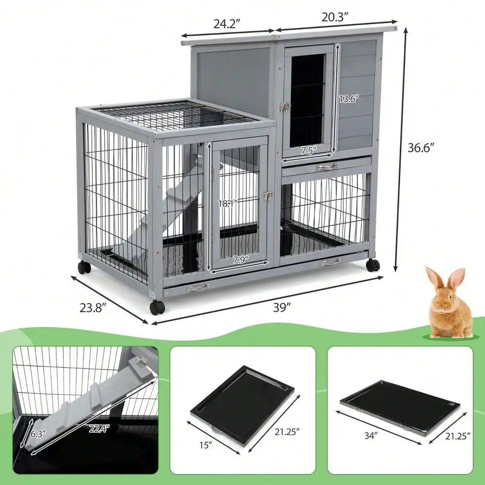 Wooden Rabbit Hutch 2-Tier Indoor Bunny Cage with Cleaning Trays and Run Gray