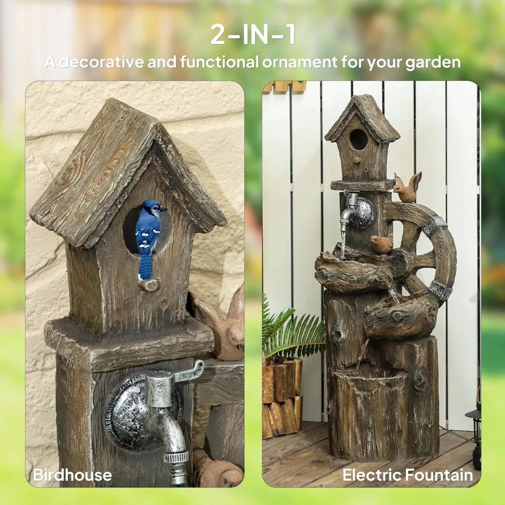 Decorative Garden Birdhouse, 3-Tier Cascading Waterfall with LED Lights and Water Wheel, Soothing Tranquility for Home Garden