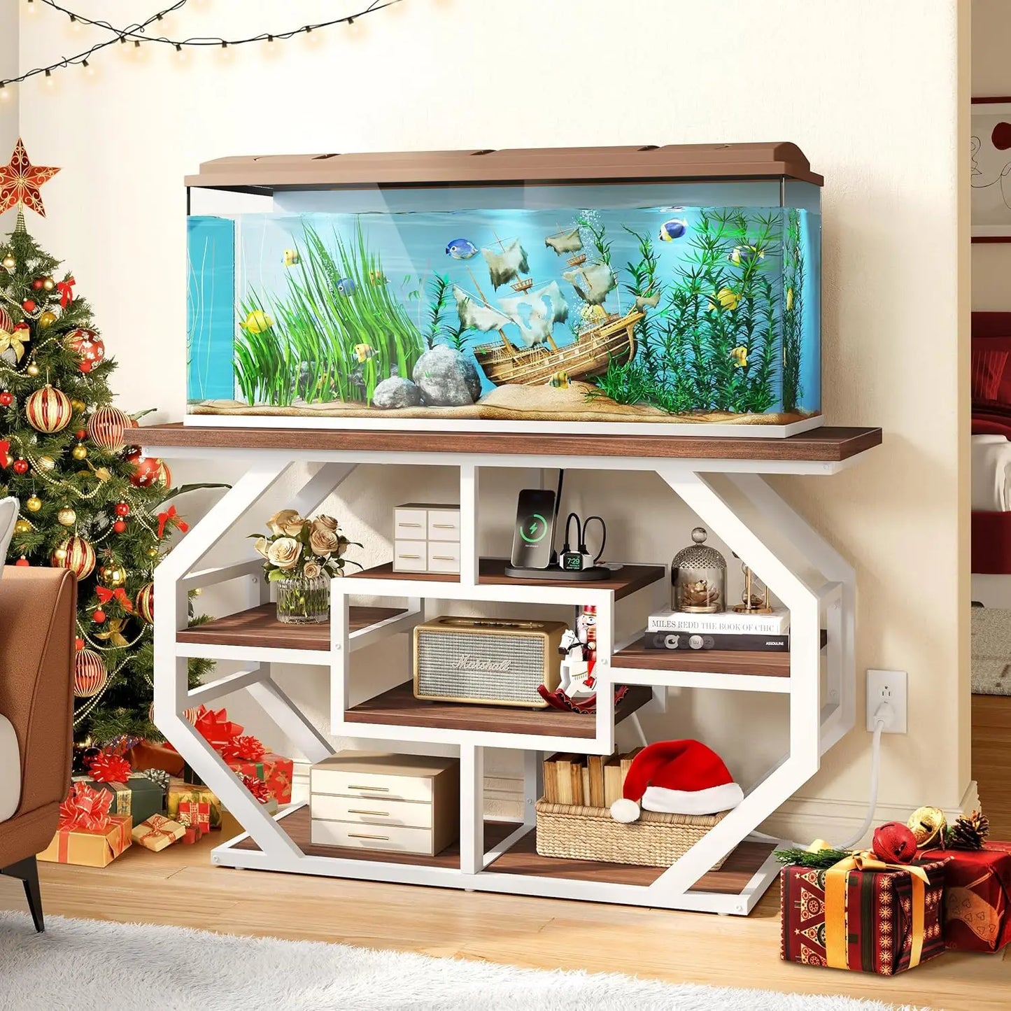 55-75 Gallon Aquarium Stand with Power Outlet, Display Stand for Turtle Tank, Reptile Terrarium, Metal Fish Tank Stand