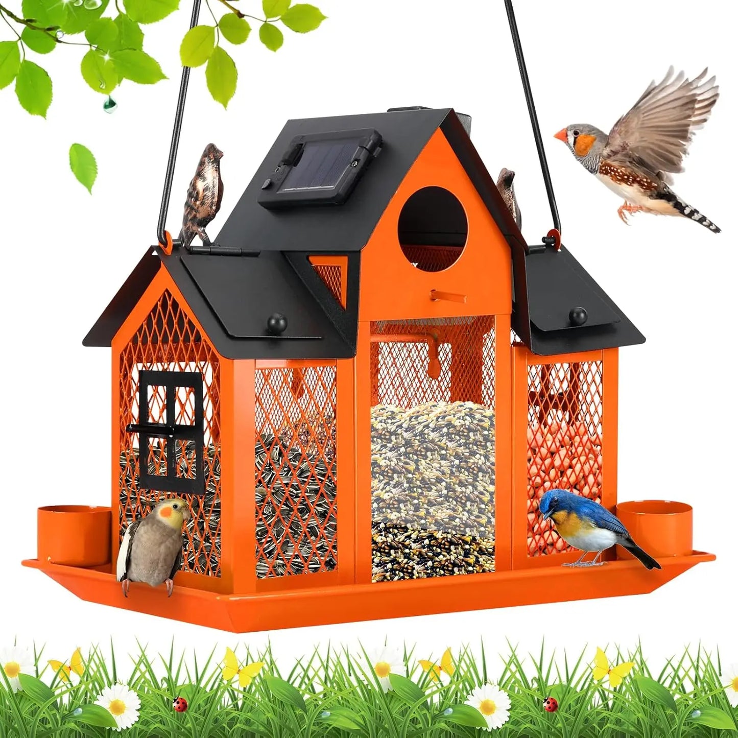 Solar Bird Feeders House Outside Hanging Metal Wild Bird Feeder Outdoors Large Cardinal Bird Feeder