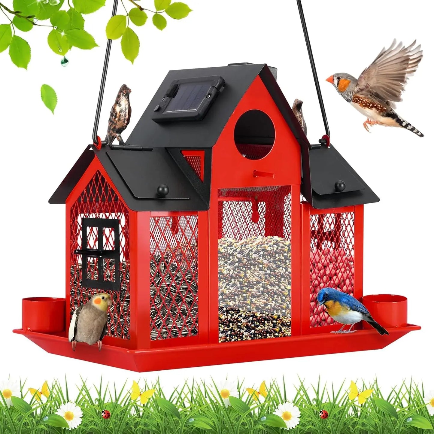 Solar Bird Feeders House Outside Hanging Metal Wild Bird Feeder Outdoors Large Cardinal Bird Feeder