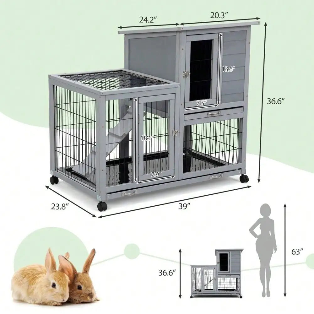 Wooden Rabbit Hutch 2-Tier Indoor Bunny Cage with Cleaning Trays and Run Gray