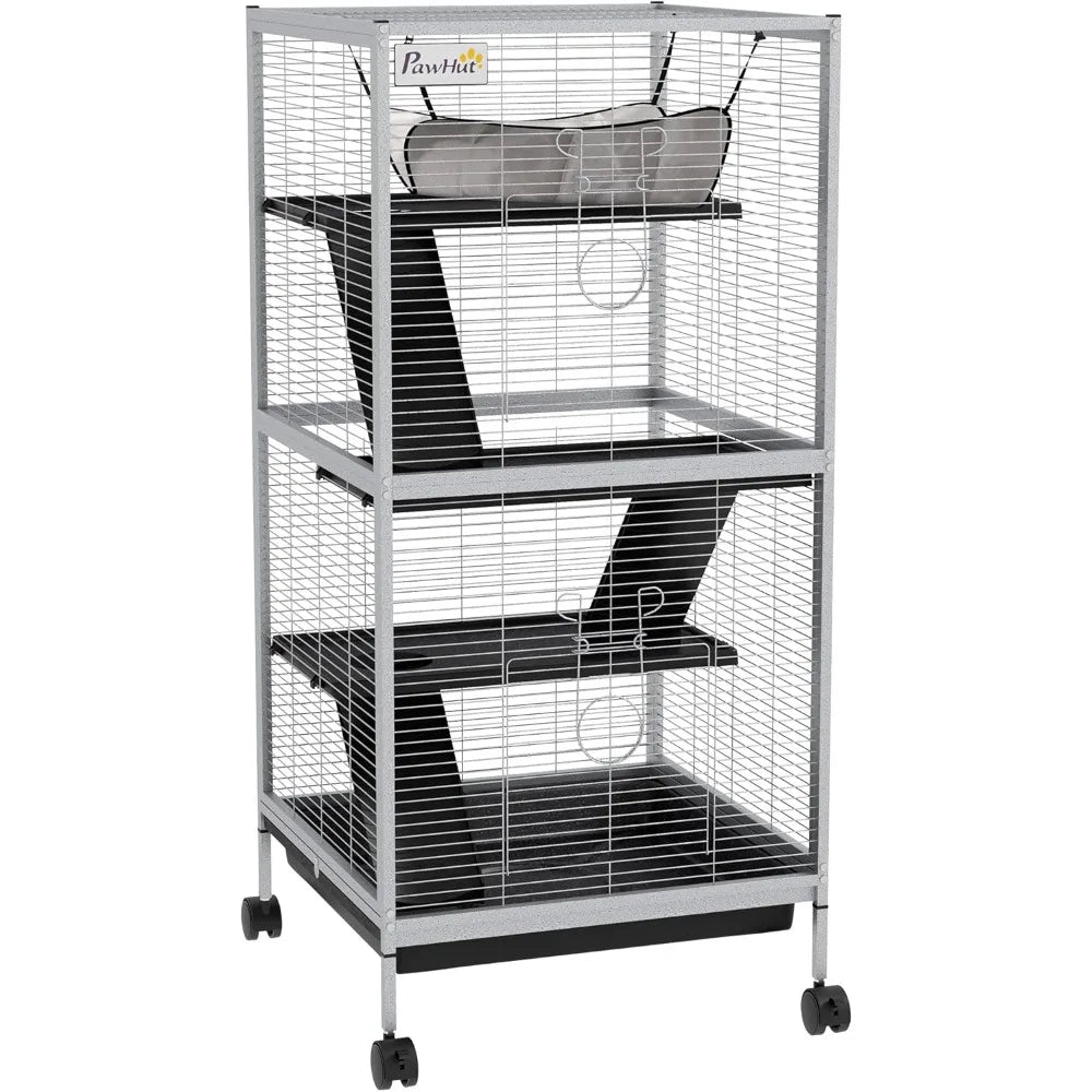 Metal Small Animal Cage Rolling Big Ferret Cage Chinchilla Cage Sugar Glider Cage with Hammock and Four Tiers Removable