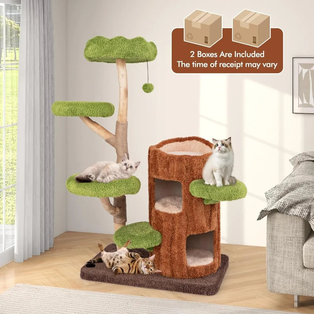PETSITE 55 Inch Wood Cat Tree, Multi-Level Cat Tower with Double Decker Cat House, Scratching Posts and Sisal Board, Soft Padded