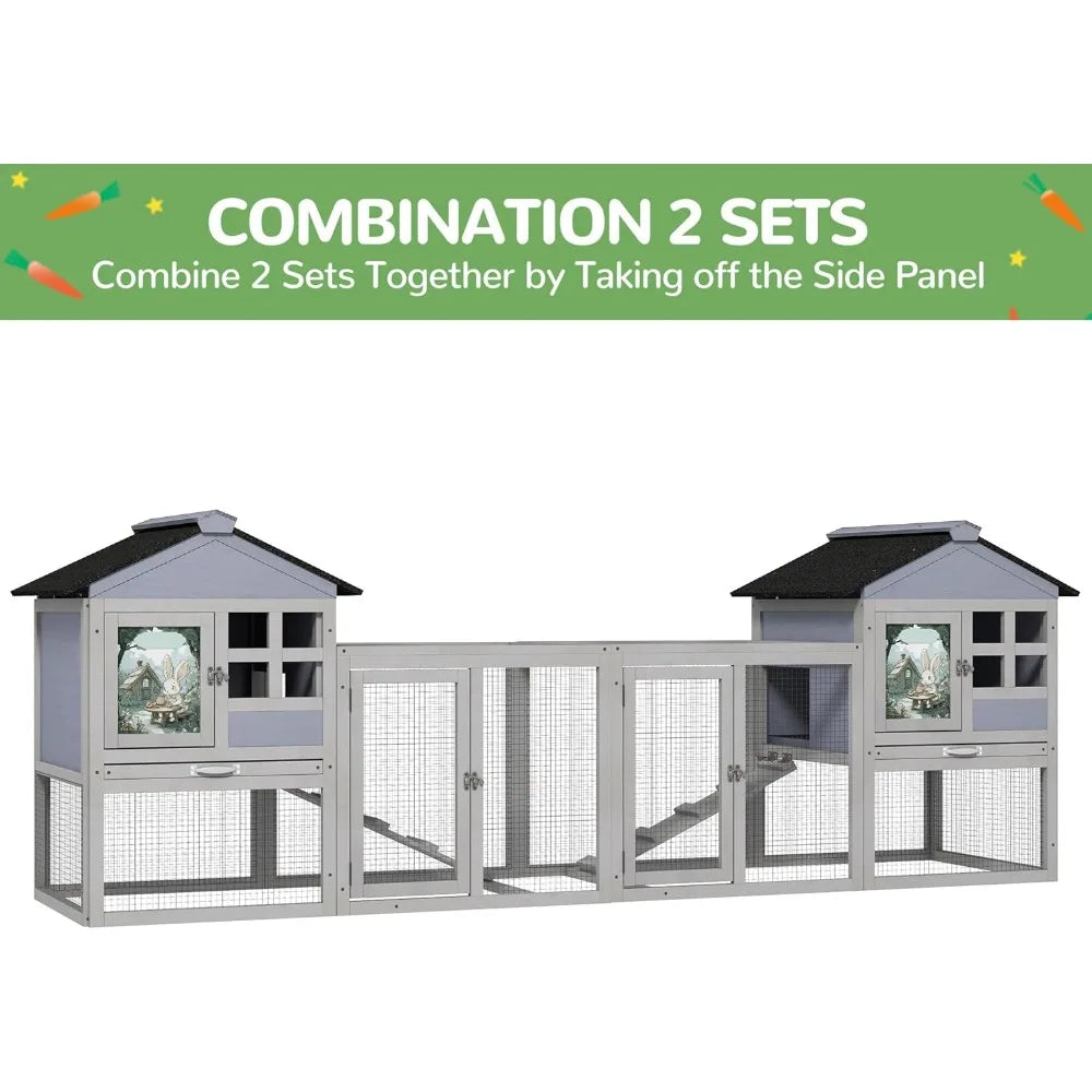 48" L Rabbit Cage Bunny Hutch Outdoor Indoor, Expandable 2-Story Large Wooden Small Animal Cage with Run, Removale Tray, Top-Ope