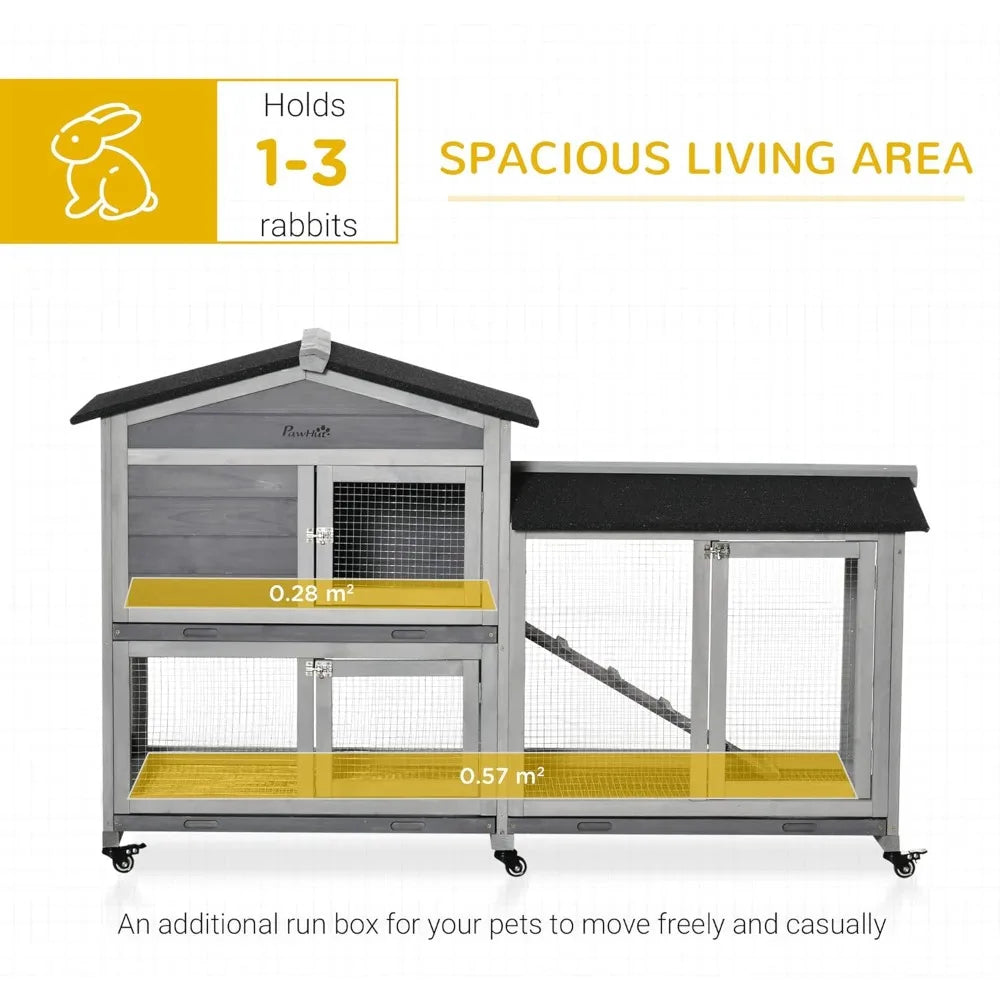 62 Inch Wooden Rabbit Hutch with Asphalt Roof Small Animal Enclosure with Wheels Removable Tray and Run Area