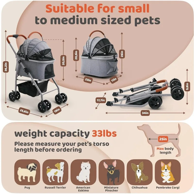 Dog Stroller, Pet Stroller, Cat Stroller – Zipperless Entry, Easy Fold with Removable Liner, Storage Basket + Cup Holder (Gray)