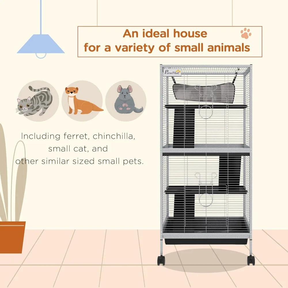 Metal Small Animal Cage Rolling Big Ferret Cage Chinchilla Cage Sugar Glider Cage with Hammock and Four Tiers Removable