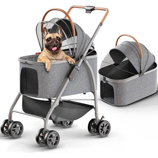 Dog Stroller, Pet Stroller, Cat Stroller – Zipperless Entry, Easy Fold with Removable Liner, Storage Basket + Cup Holder (Gray)