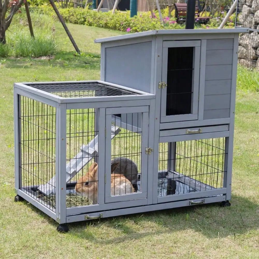 Wooden Rabbit Hutch 2-Tier Indoor Bunny Cage with Cleaning Trays and Run Gray