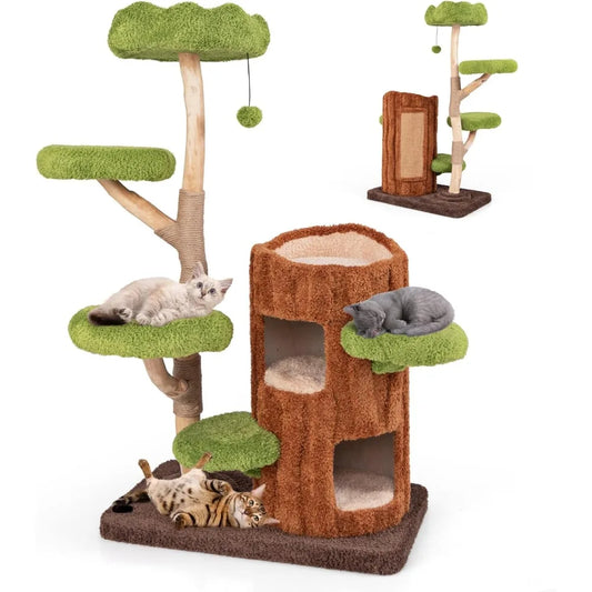 PETSITE 55 Inch Wood Cat Tree, Multi-Level Cat Tower with Double Decker Cat House, Scratching Posts and Sisal Board, Soft Padded