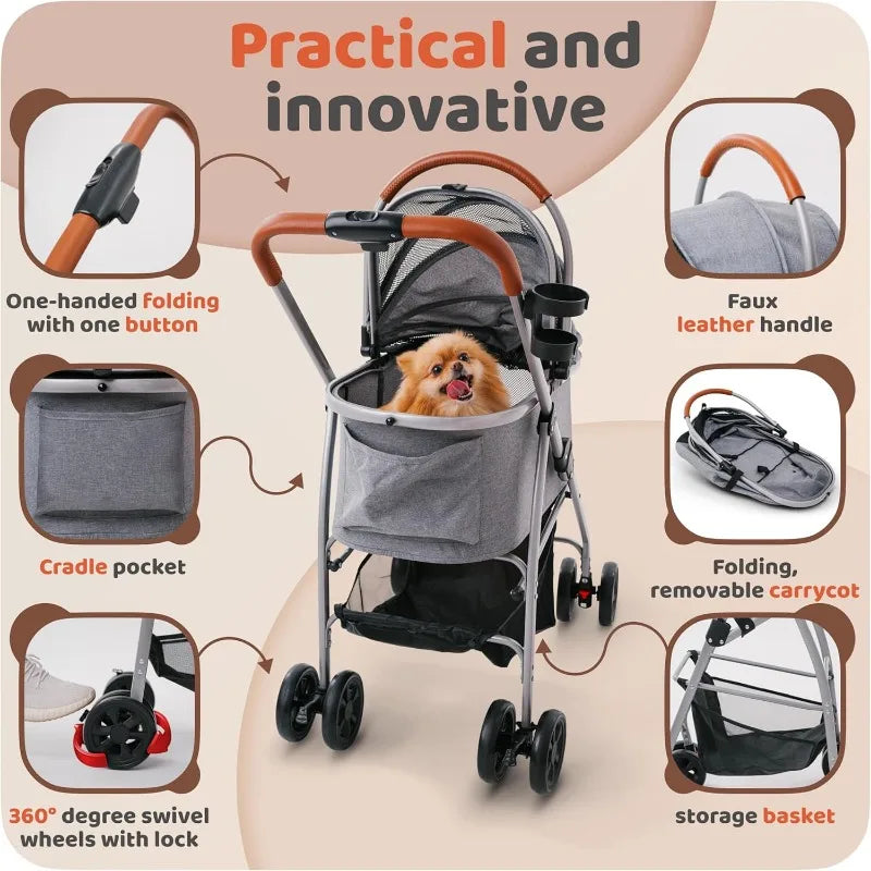 Dog Stroller, Pet Stroller, Cat Stroller – Zipperless Entry, Easy Fold with Removable Liner, Storage Basket + Cup Holder (Gray)