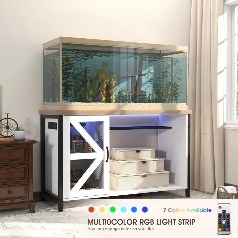 55-75 Gallon Aquarium Stand with Power Outlets & LED Light, Fish Tank Stand with Cabinet for Fish Tank Accessories Storage