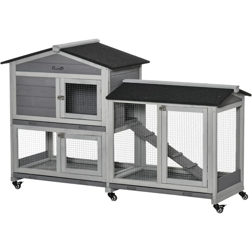 62 Inch Wooden Rabbit Hutch with Asphalt Roof Small Animal Enclosure with Wheels Removable Tray and Run Area