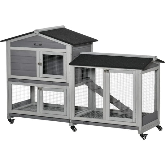62 Inch Wooden Rabbit Hutch with Asphalt Roof Small Animal Enclosure with Wheels Removable Tray and Run Area