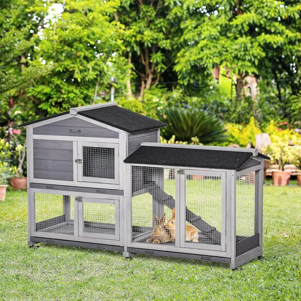 62 Inch Wooden Rabbit Hutch with Asphalt Roof Small Animal Enclosure with Wheels Removable Tray and Run Area
