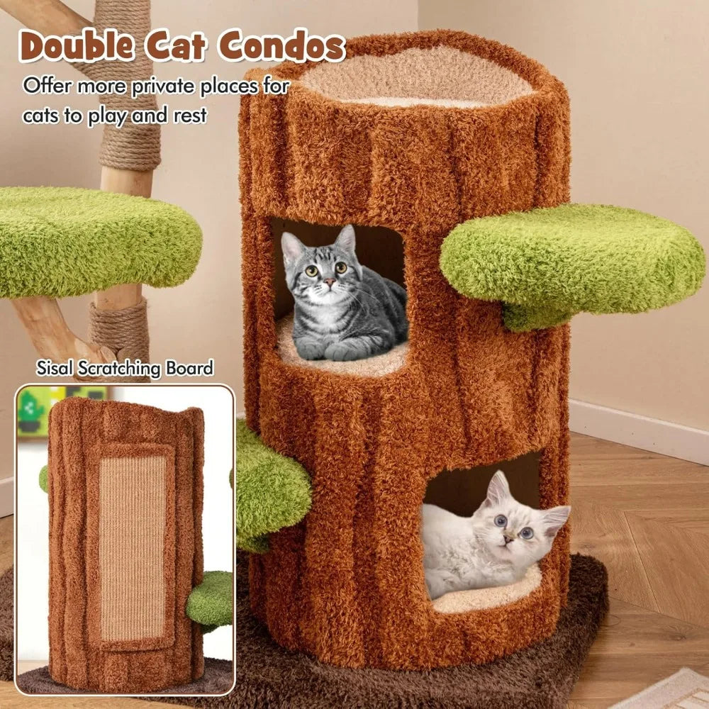 PETSITE 55 Inch Wood Cat Tree, Multi-Level Cat Tower with Double Decker Cat House, Scratching Posts and Sisal Board, Soft Padded