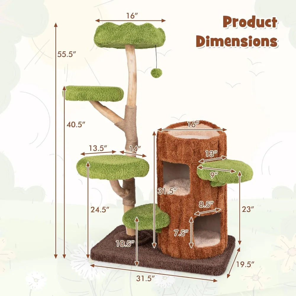 PETSITE 55 Inch Wood Cat Tree, Multi-Level Cat Tower with Double Decker Cat House, Scratching Posts and Sisal Board, Soft Padded