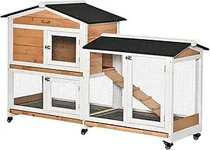 62 Inch Wooden Rabbit Hutch with Asphalt Roof Small Animal Enclosure with Wheels Removable Tray and Run Area